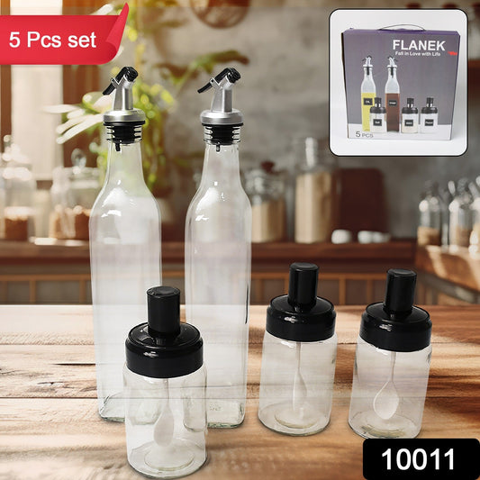 Transparent Glass Oil Dispenser 500 ML Bottle Set of 2, Spice Jar 250 ML Set of 3, Oil Bottle for Kitchen, Oil & Vinegar Storage Glass Bottle, Glass Container for Spice, Masala (5 Pcs Set)
